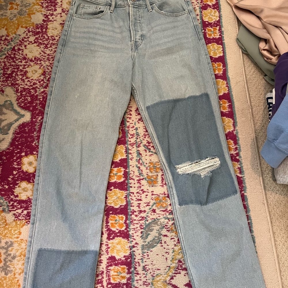 Hollister Blue Straight Leg Jeans with Distressed Patch